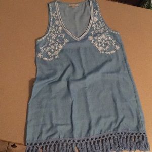 Embroidered Chambray Fringe Dress
